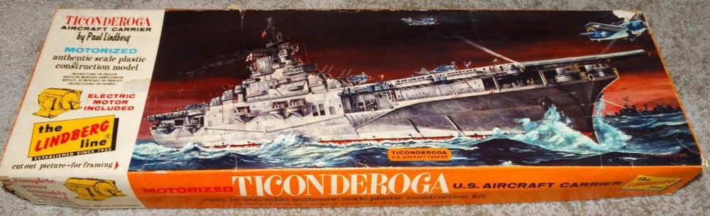 Vintage Lindberg Motorized Ticonderoga US Aircraft Carrier Model Kit 1/525 Scale