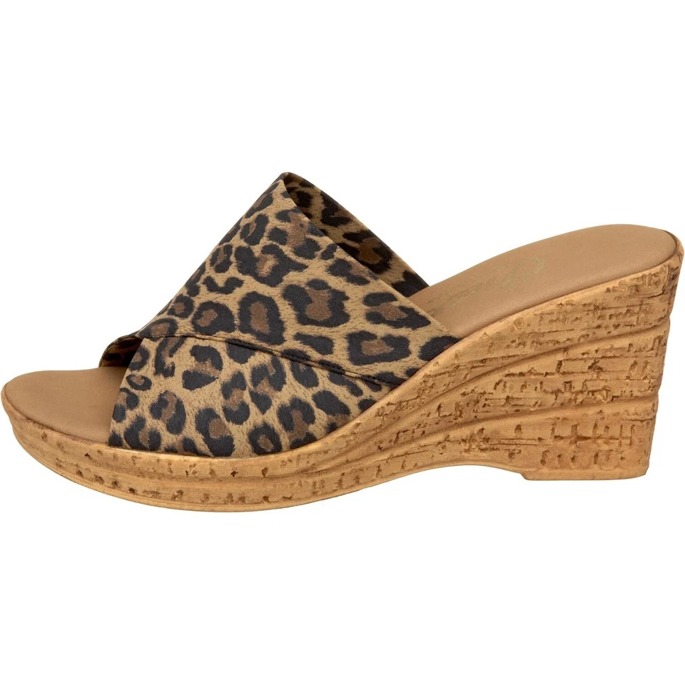 Sandalia de cuña de corcho superior de microfibra Christina Onex para mujer - marrón leopardo NUEVA Foto 2 de 4
