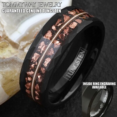 Custom Engraved Black Tungsten Carbide w/ Faux Meteorite Guitar String Band Ring