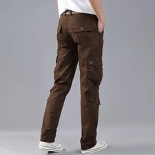 Men Cargo Combat Pants Slim Work Trousers Bottoms Side Pocket Casual