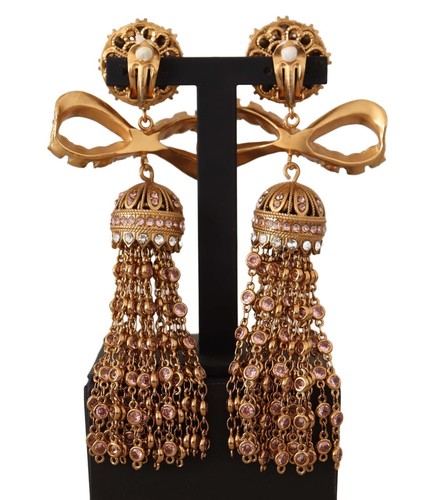 DOLCE & GABBANA Earrings Gold Dangling Crystals Long Clip-On Jewelry - Picture 3 of 11