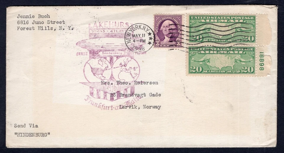1936 Hindenburg Zeppelin First Flight Cover to Norway -  Sweden Germany C9 Plate - Image 2 of 3