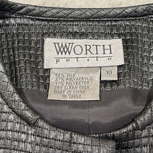 Worth Button Down Jacket Sz 10 Petite Long Sleeve Quilted Silk Blend Silver Gray - Picture 7 of 7