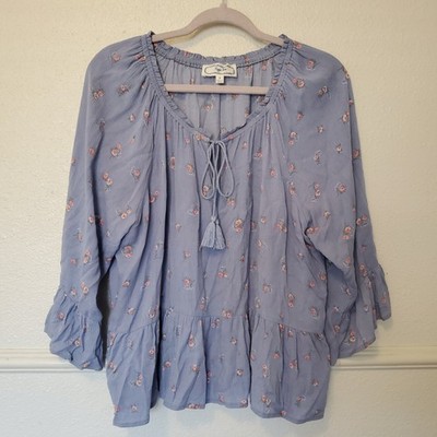 Hippie Rose Blue Floral Peasant Blouse Tassel Tie Ruffle Sleeve HS1W20582 L