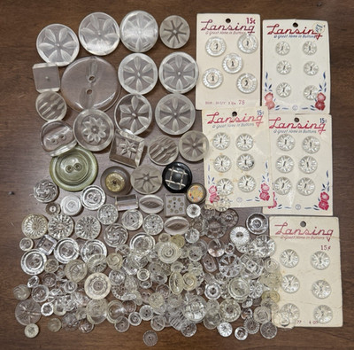 Vintage Lot of 195 Transparent Lucite Plastic Buttons - 3/8'' to 2-1/4'' (JK1)