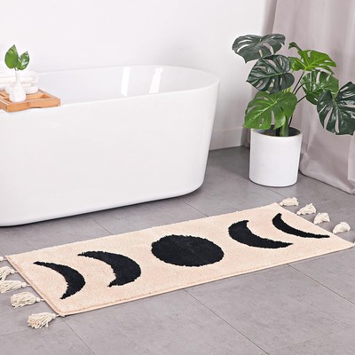 Bohemian Runner Moon Phases Bath Mat with Tassels Half Rugs