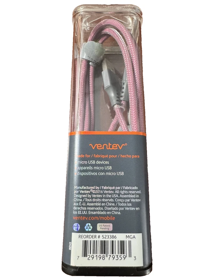 Ventev ChargeSync Micro-USB Braided Cable Tangle-Free - 4' - Pink - Image 2 of 3