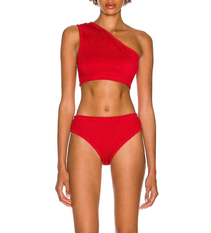 Bottega Veneta Natación Rojo Asimétrico Traje De Baño Nylon Crincle Bikini Un Hombro Foto 2 de 4