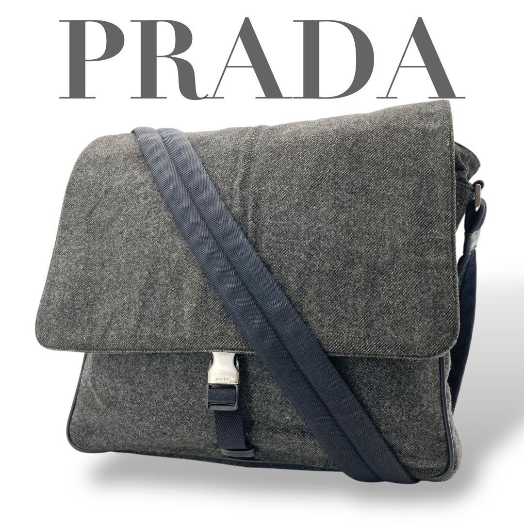 Prada Black Wool Triangle Logo Crossbody Bag with A4 Storage