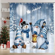 Christmas Gnomes Shower Curtain Winter Snowman Snowy Pine Tree Forest Snowfie...