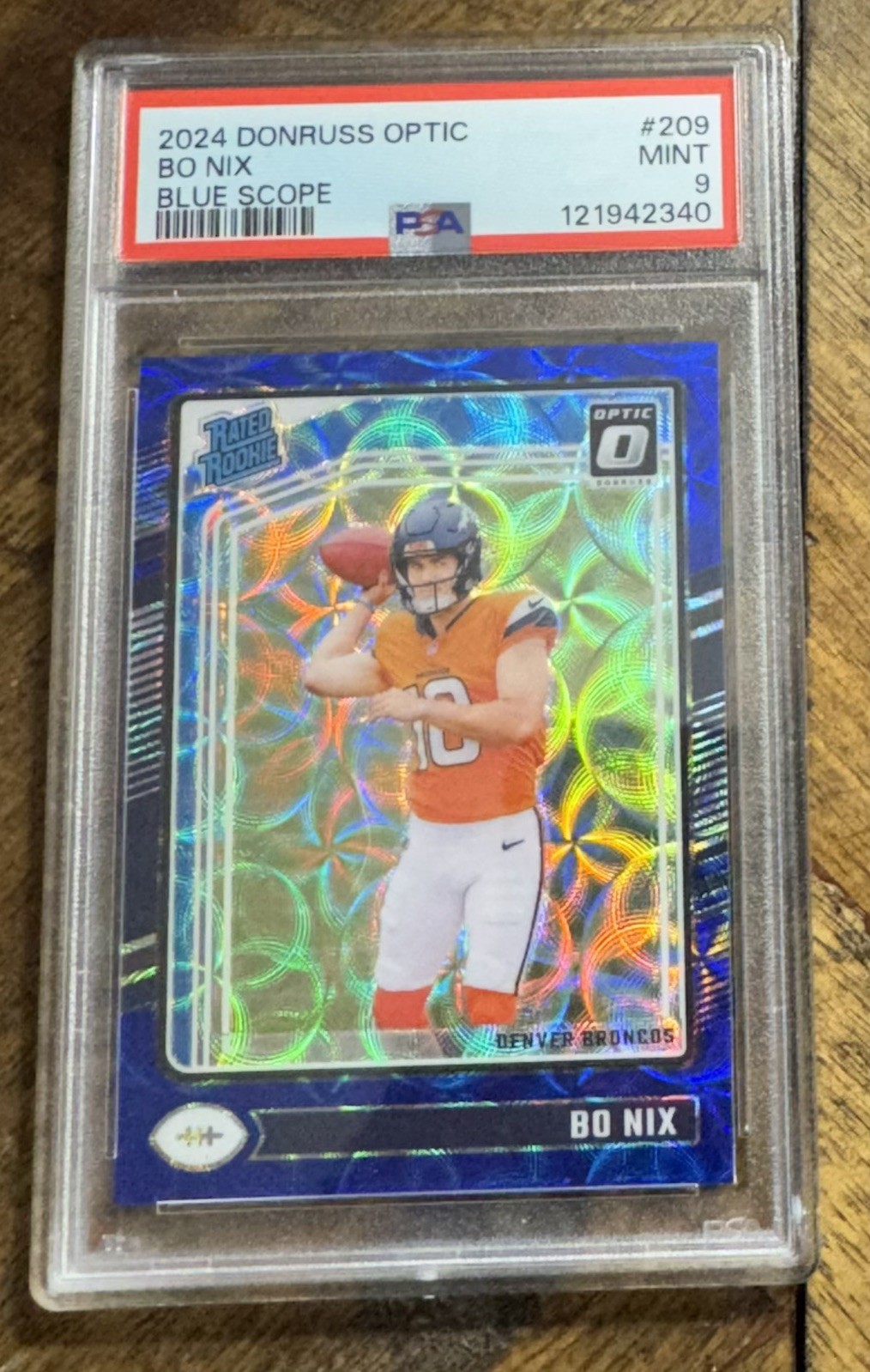 2024 Panini Donruss Rated Rookie Bo Nix #209 Optic Blue Scope Prizm RC PSA 9