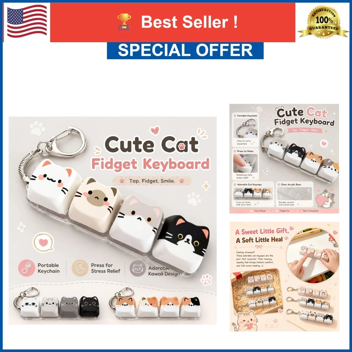 Lindo Gato Relax Botón Tecla Inquieto Llavero Kawaii 4 Teclas Teclado Juguete Dije
