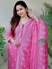 Women Pink Embroidered Kurta Set with Dupatta Cotton Salwar Kameez Ethnic Suit