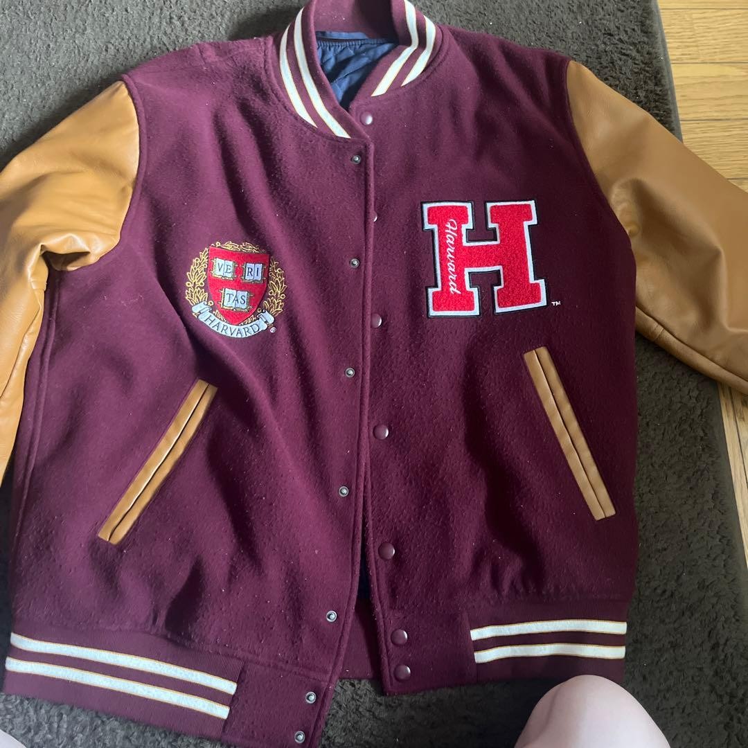 Harvard Stadium Jumper Burgundy Wool Blend Leather Sleeve Used