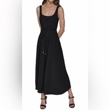 NWT Karl Lagerfeld Paris Black Midi Dress Rope Belt Size 16