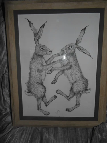 Original pen and ink  drawing of a hare watercolour paper in frame