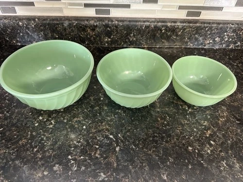 Vtg fire King Jadeite Jane Ray Set Of 3 Bowls
