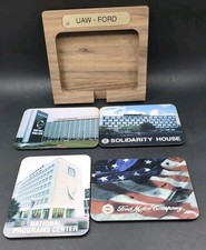 Vintage Ford Motor Company UAW 4 Coaster Set With Holder United Auto Workers EUC