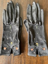 Vintage Girls Size M Black Nylon Stretch Satin Formal Gloves Embroidered Flowers