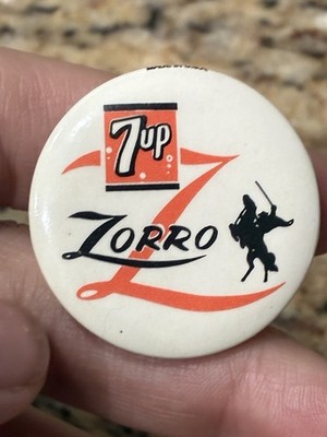 1957 Pinback Button Pin Walt Disney Productions ZORRO & 7up Soda Beverages