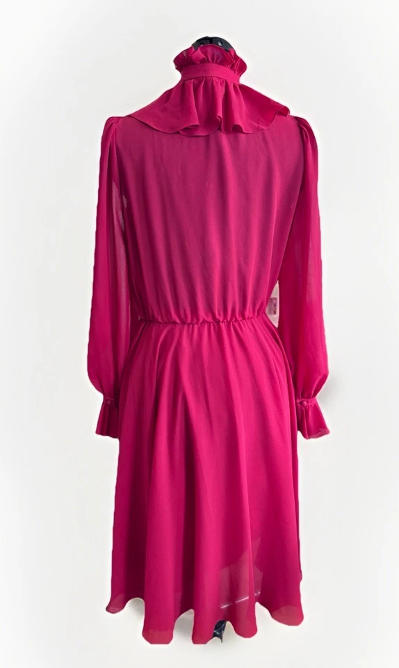 Vestido eduardiano vintage años 70 80 Manning plateado rojo manga larga campana volantes *defecto Foto 4 de 4