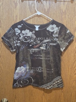Christopher & Banks Y2K Chocolat Espresso Top USA Made Rhinestone Tee M