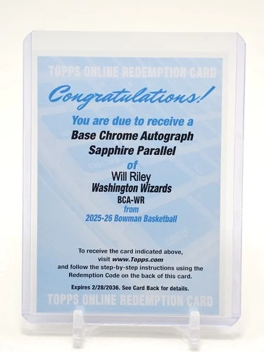 WILL RILEY 2025-26 BOWMAN CHROME SAPPHIRE AUTO WASHINGTON WIZARDS #BCA-WR Q4193