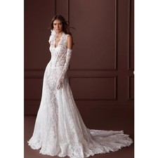 Elegant Lace Wedding Dress 3D Floral Corset Pearl Embellished Beach Bridal Gowns