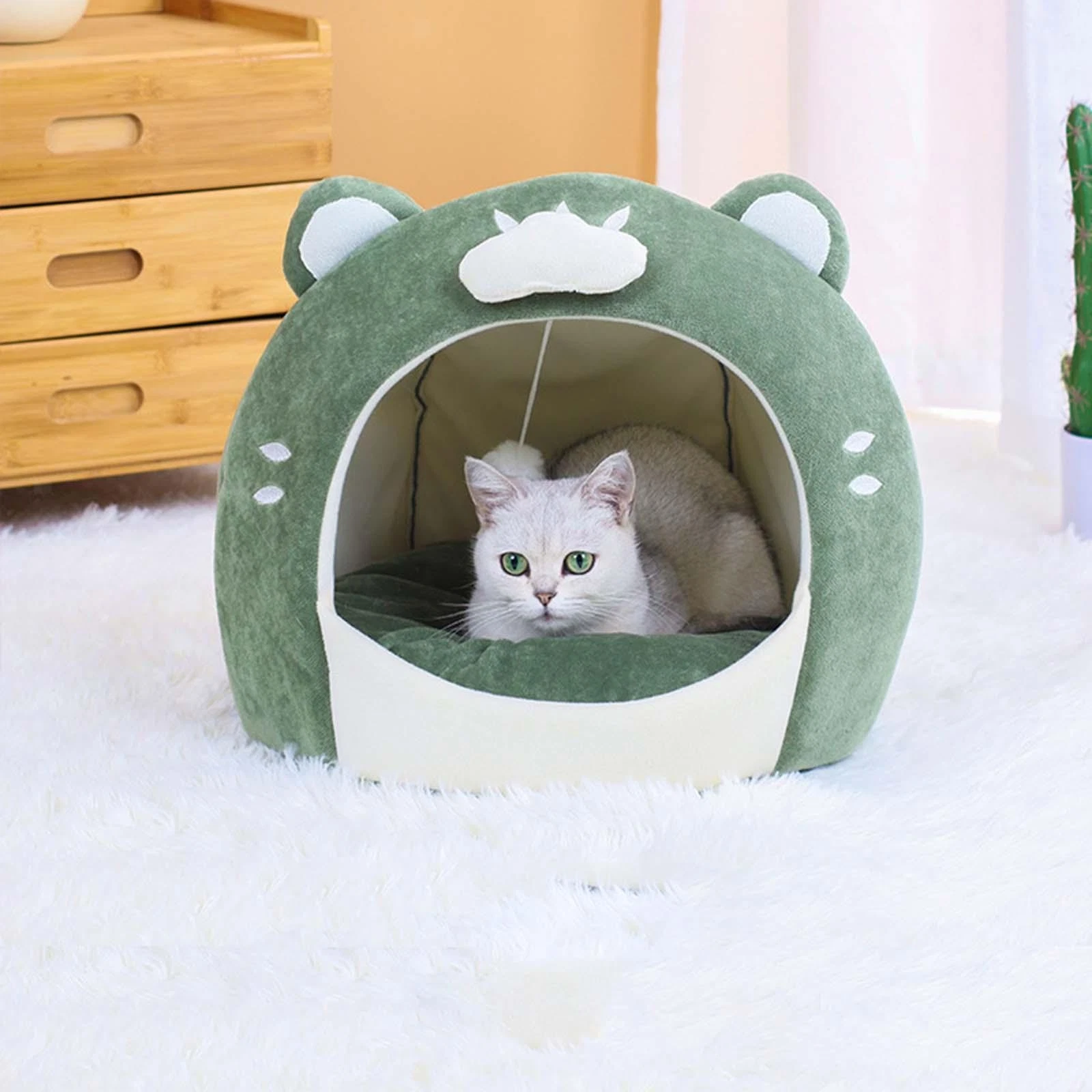 Kittens Cat Bed Covered Pet Cat House Hut with Seasons Detachable Mat Washable