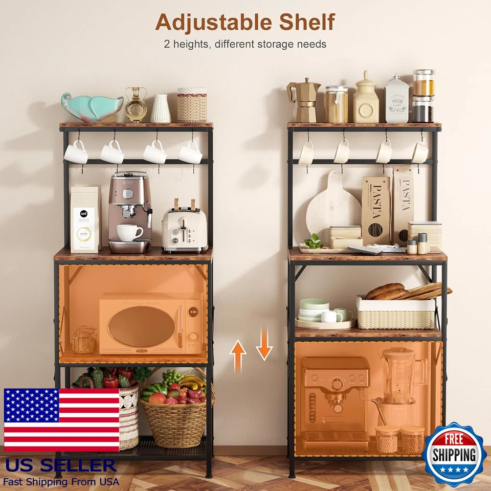 Estante para panaderos de cocina marrón rústico - Soporte para microondas de 4 niveles, carrito de café pequeño, anuncio Foto 3 de 4