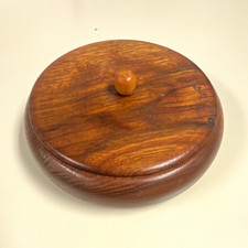Round Wooden Lidded Bowl w/ Knob Lid, Brown Wood Grain, Smooth Finish