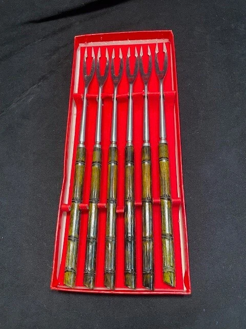 Vintage Bamboo Metal Tiki Fondue Forks Retro Mid Century MCM Set of 6