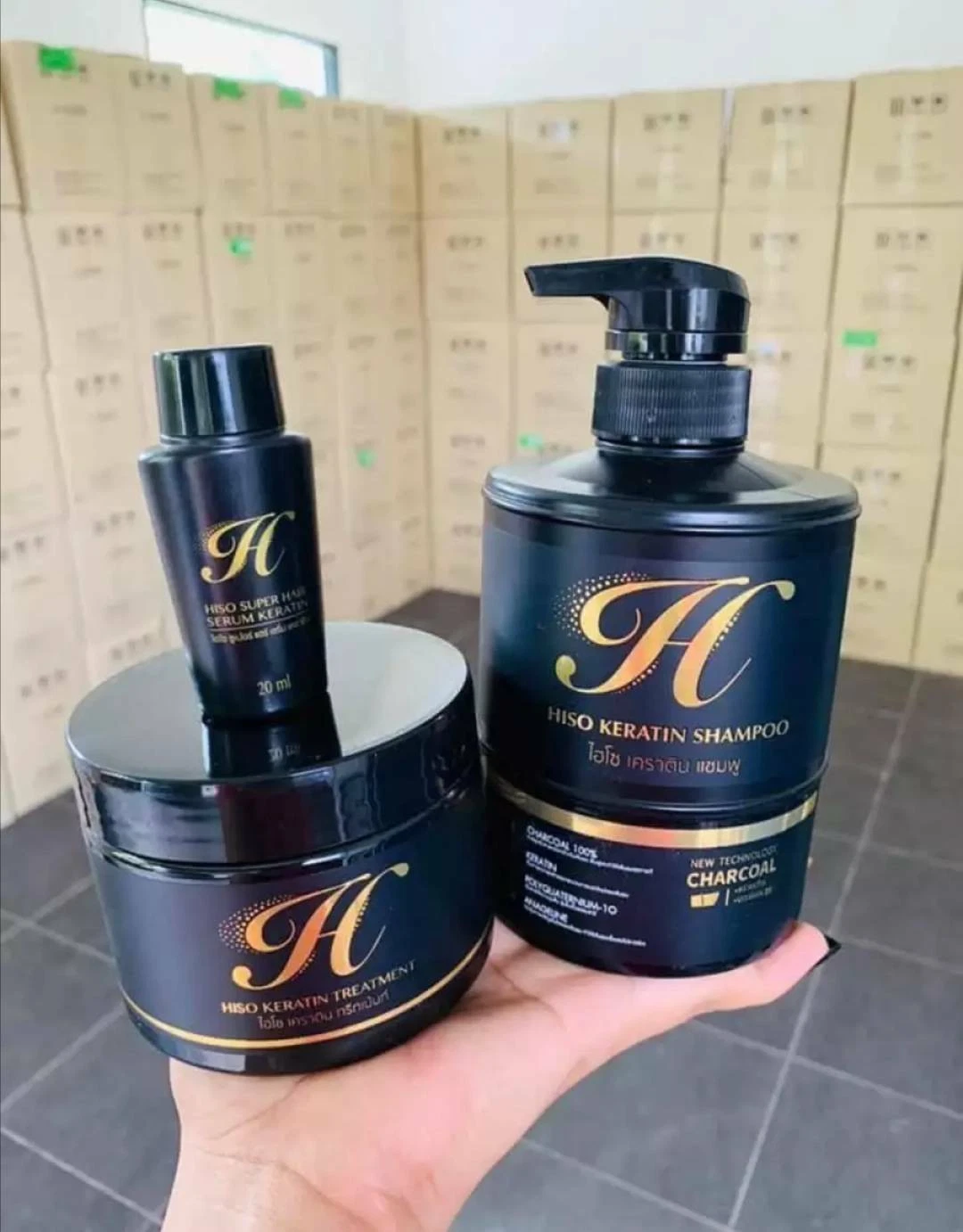 Hiso Keratin with CHARCOAL Shampoo+Hair Treatment Detox hair loss strong + Serum