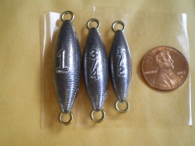 60 PCS. TORPEDO STYLE IN LINE TROLLING SINKER  1, 3/4, 1/2 OZ. 20 EA. G/QUALITY