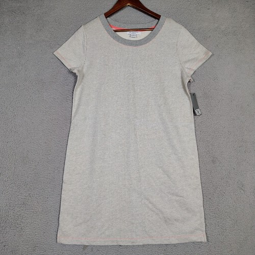 Liz Claiborne Weekend Dress Women Large Gray Beige Striped Cap Sleeve Shift NWT