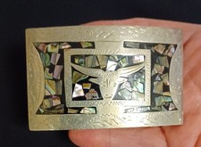 VTG Mexican Silver Tone Engraved Abalone Steer Belt Buckle Western Americana
