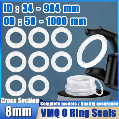 Metric VMQ Silicone Rubber O-Rings Seals 8mm Cross Section 34mm - 984mm ID