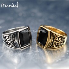 MENDEL Mens Gold Plated Stainless Steel Black Obsidian Stone Ring Men Size 7-15