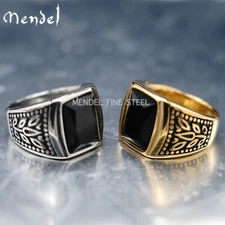 MENDEL Mens Gold Plated Stainless Steel Black Obsidian Stone Ring Men Size 7-15