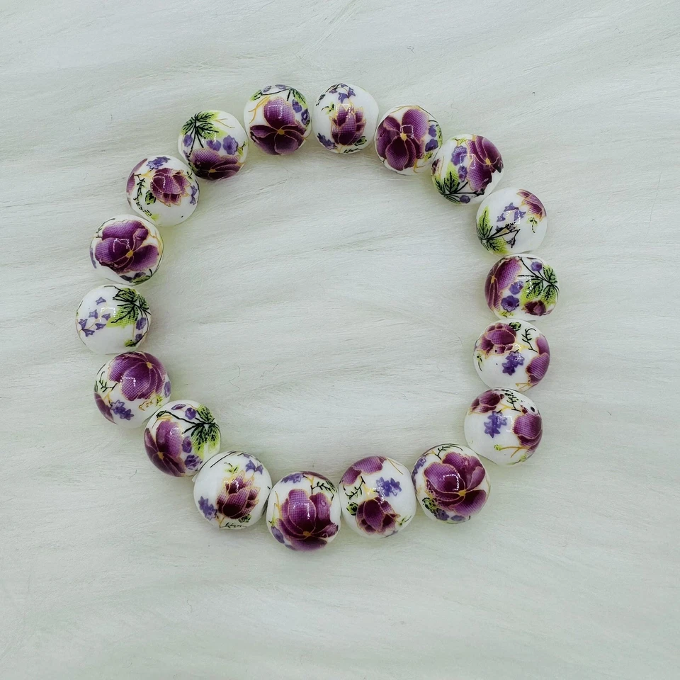 Pulsera elástica de cuentas florales moradas de cerámica estilo chino Foto 2 de 4