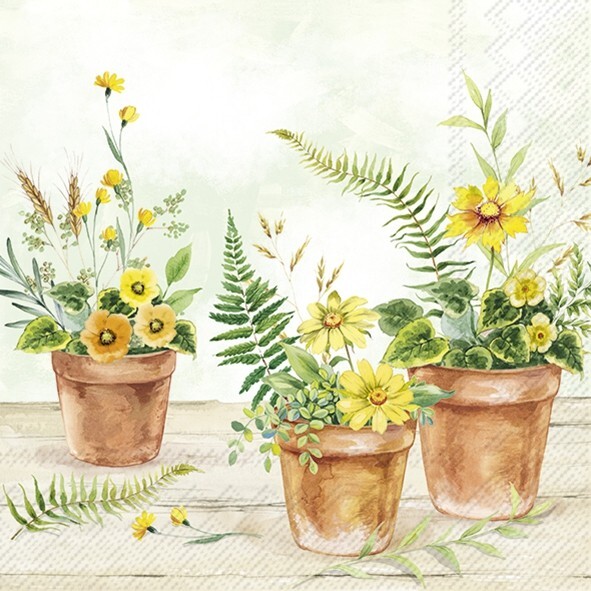 4 x Paper Napkins/3 Ply/Decoupage/Summer Flowers in Plant Pots/Yellow Flowers