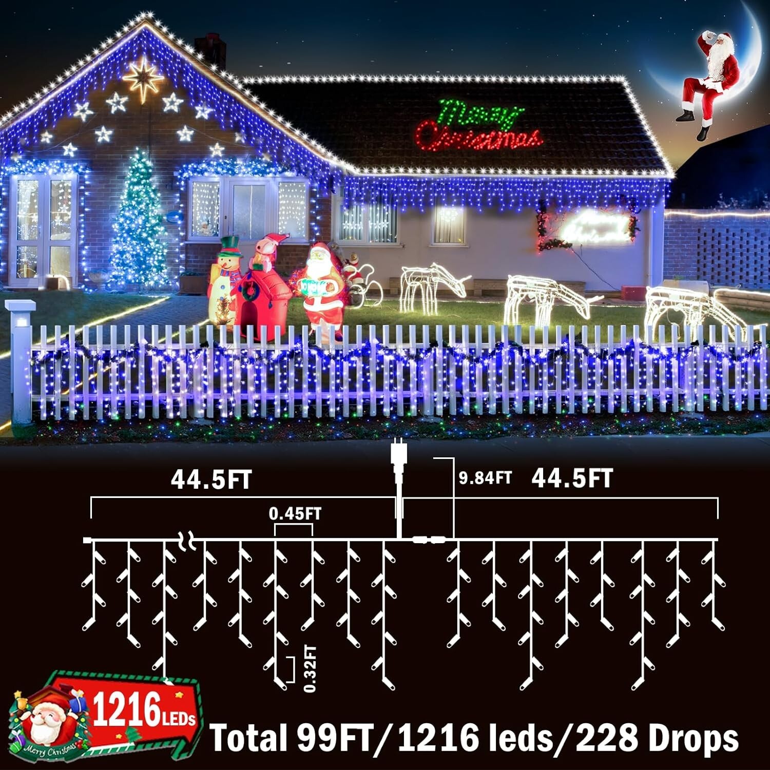 Durable Christmas Lights Outdoor Decorations 1216 LED 99ft 8 Modes