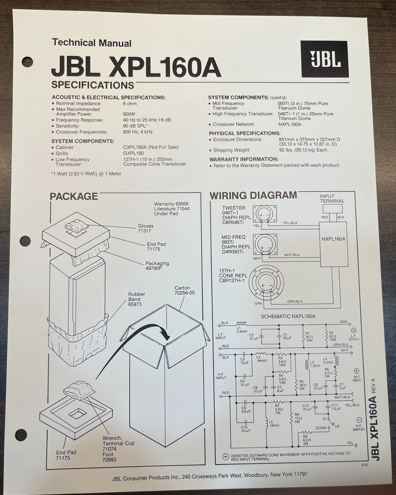 JBL XPL160 Speakers Service Manual Original Technical Specifications - NOT COPY