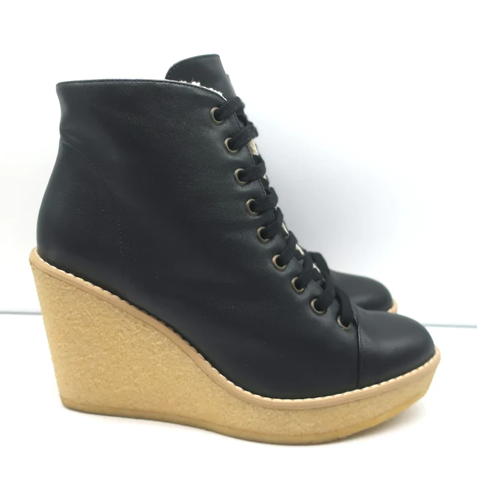 Botas al tobillo Stella McCartney imitación piel de oveja con cordones cuña negras talla 38 NUEVAS Foto 3 de 4