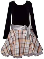 NWT Bonnie Jean Girls 12 Black Velvet Silver Plaid Christmas Bow Holiday Dress