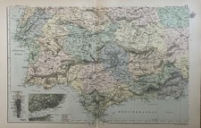 1893 South Portugal & Spain Original Antique Map by G.W. Bacon