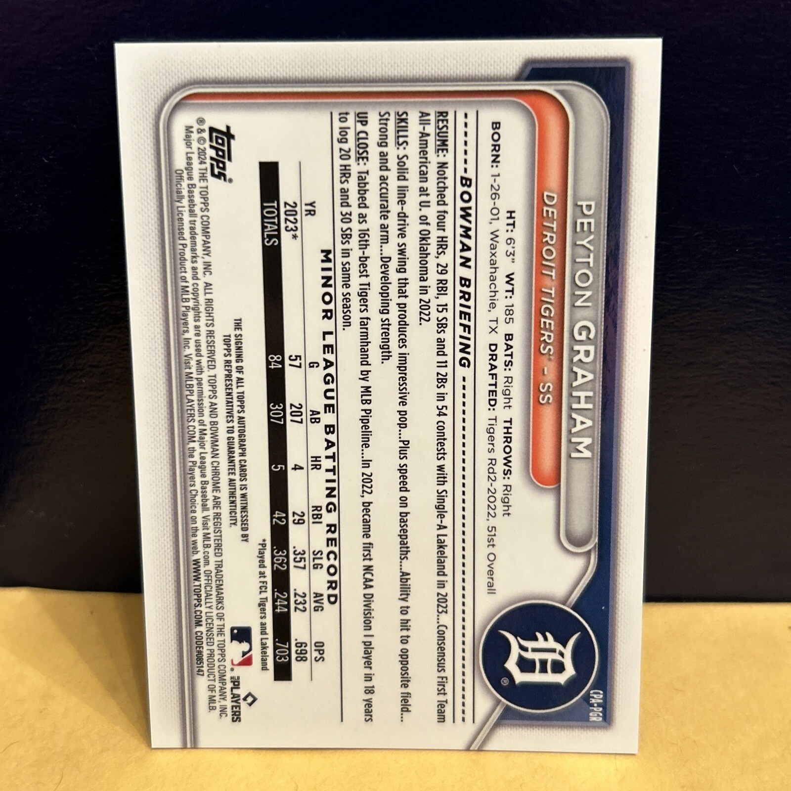 Peyton Graham 2024 Bowman Chrome 1st AUTO Silver REFRACTOR /299 Tigers