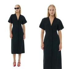GANNI Drapey Melange Midi Dress Black XS / EU 34 NWT Short Sleeve Pockets