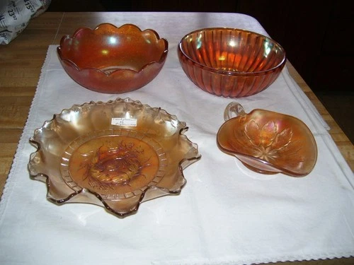 Lot of 4 Vintage Marigold Orange Carnival Glass Bowls 1 is a Dugan