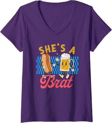 Oktoberfest Couples She is A Brat Drinking German Ladies' V-Neck Tshirt
